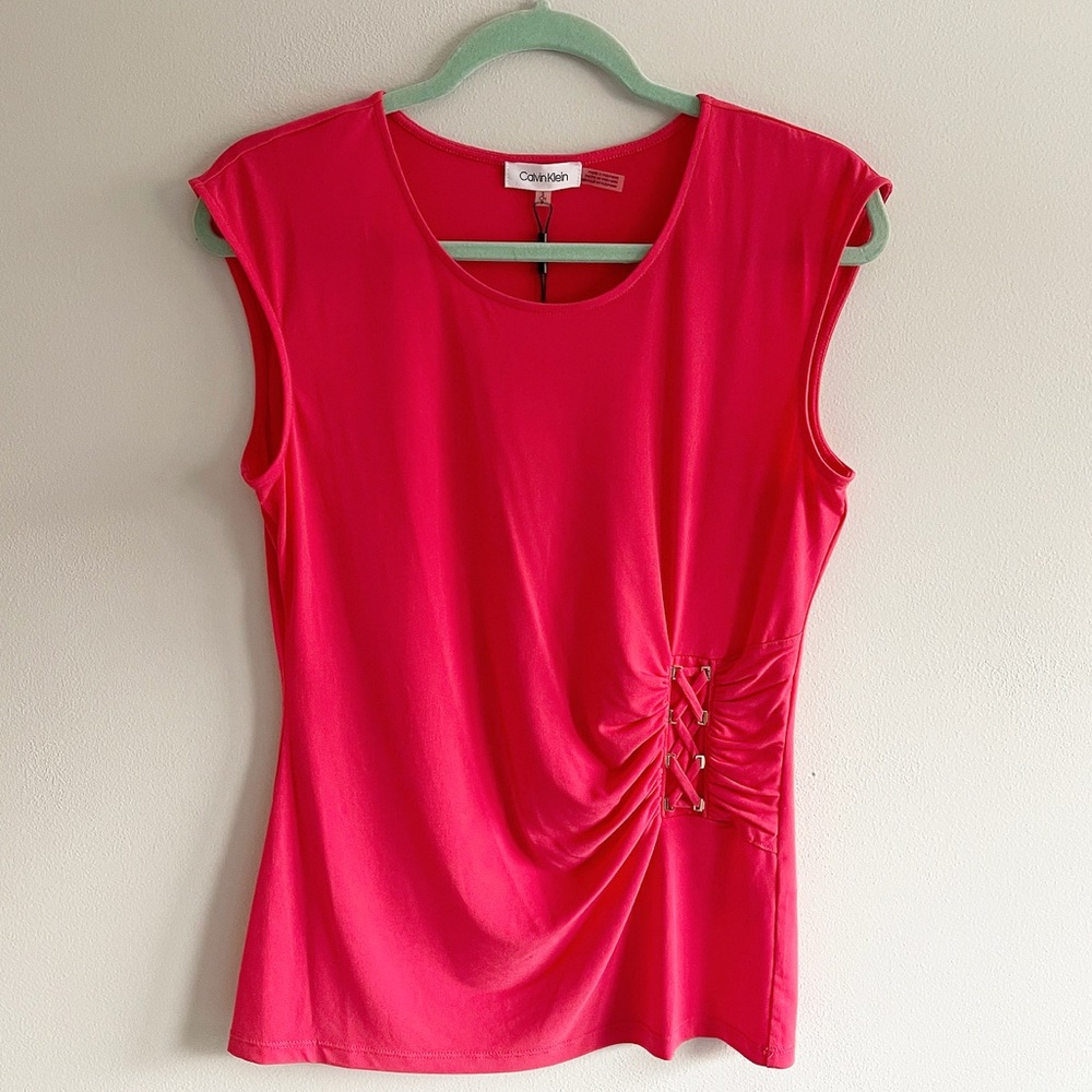 NWT Calvin Klein Pink Scoop Neck Cap Sleeve Ruched Criss Cross Side Top
